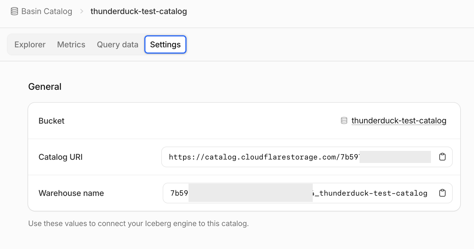 The bucket's Basin Catalog settings with the Catalog URI
