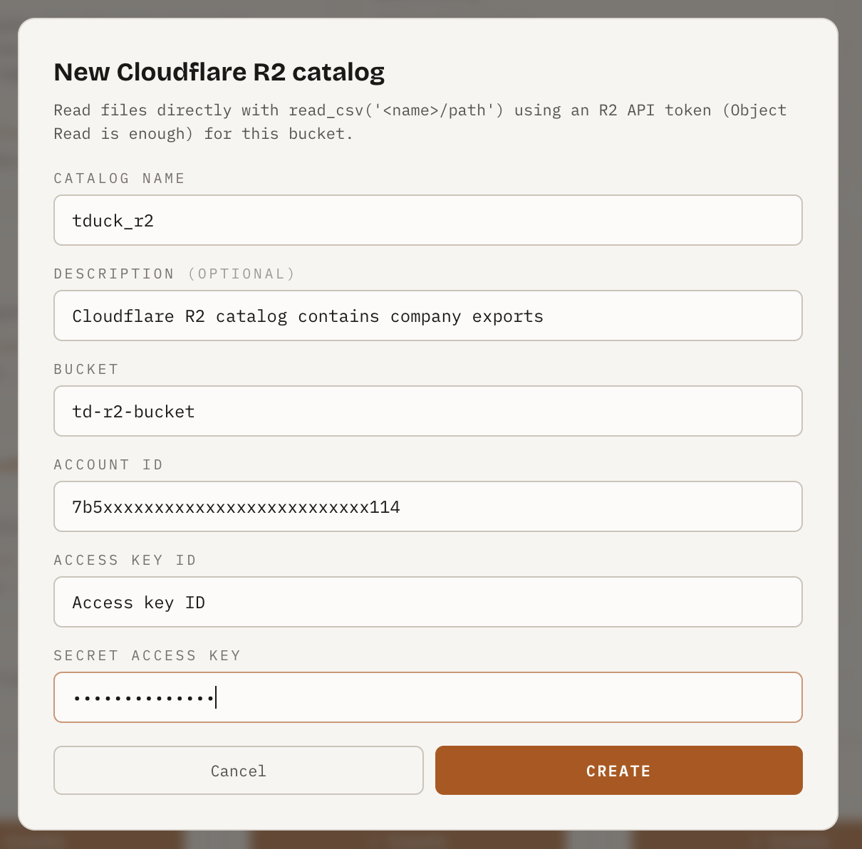 The Cloudflare R2 form in Thunderduck