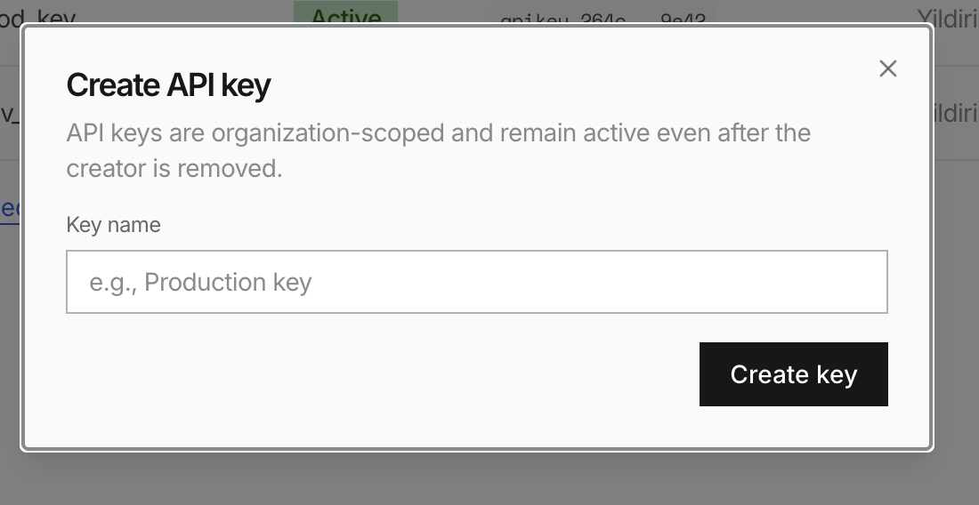 The Create API key dialog in the TypeSafe console