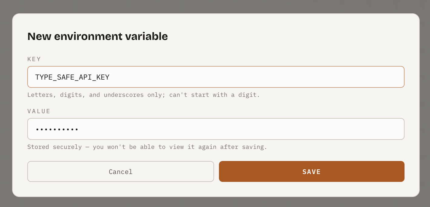 The New environment variable form with TYPE_SAFE_API_KEY