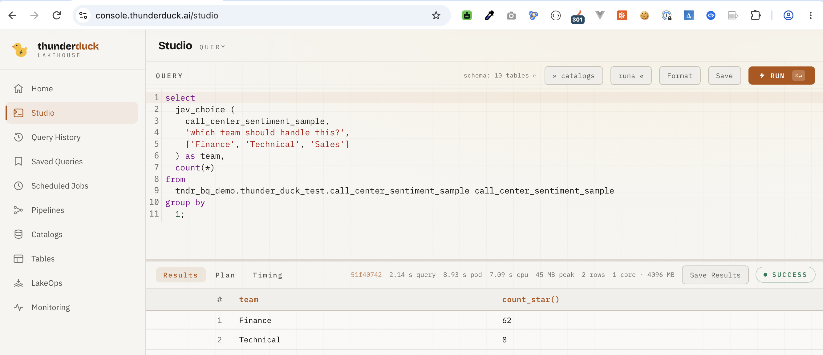 The first TypeSafe query and its result in Studio